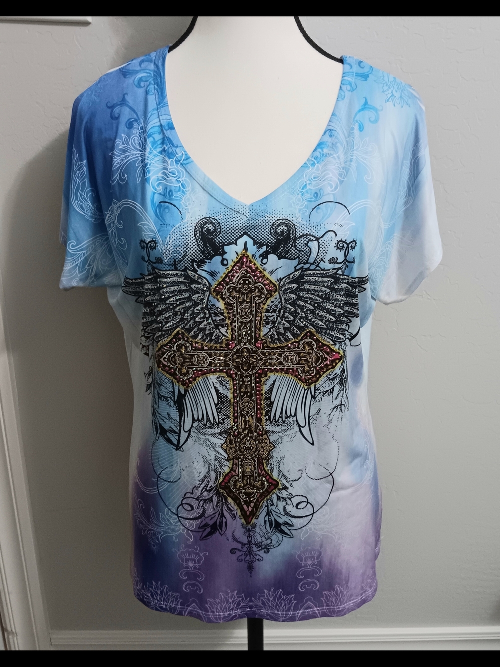 Big Bang Clothing-Embellished Cross V-Neck Women's Top in Blue and Purple